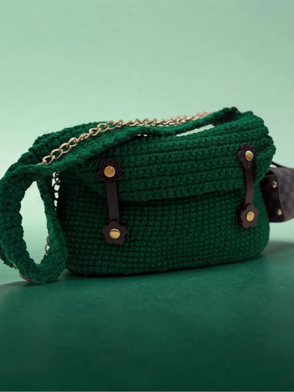 Green Crochet Chain-Handle Shoulder Bag